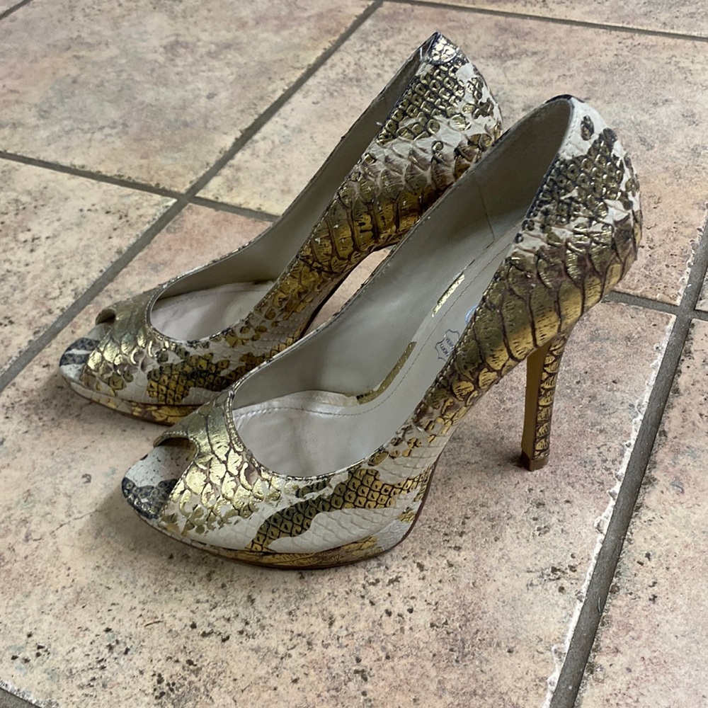 Gold peep toe heels
